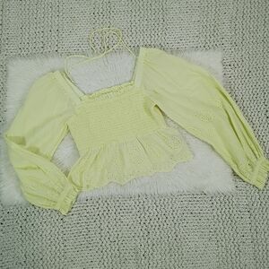 American Eagle Smocked Eyelet Peplum Cropped Blouse